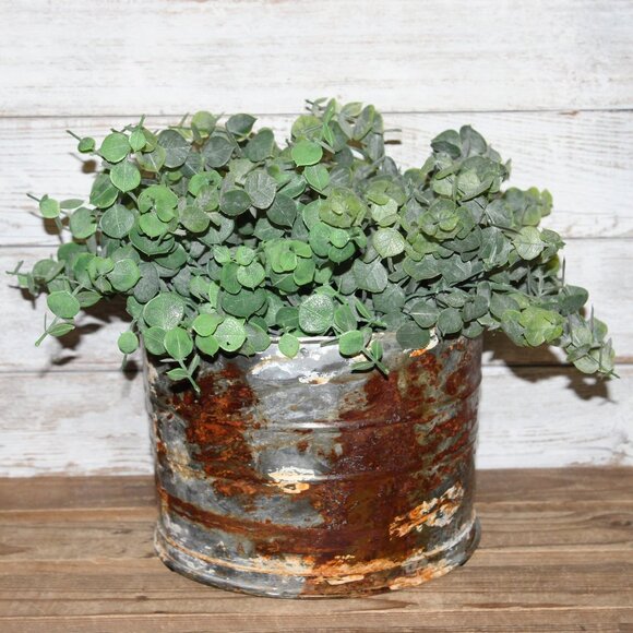 Large Chippy Rusty Aged & Weathered Farmhouse Metal Bucket Pot with Eucalyptus - Picture 1 of 5